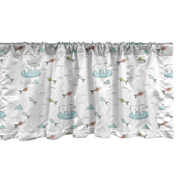 Ambesonne Polar Bear Window Valance, Arctic Wildlife Baby Kids Pattern About Sea with White Bear and Colorful Fishes, Curtain Valance for Kitchen Bedroom Decor with Rod Pocket, 54" X 18", Multicolor