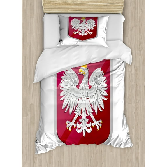 Ambesonne Polish Duvet Cover Set, Coat of Arms of Poland Eagle, Twin, Ruby Hot Pink and White
