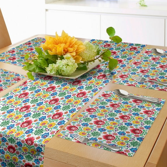 Ambesonne Polish Folk Art Table Runner & Placemats, Flourish Kaszuby, Placemat 4 pcs + Runner 14"x72", Multicolor