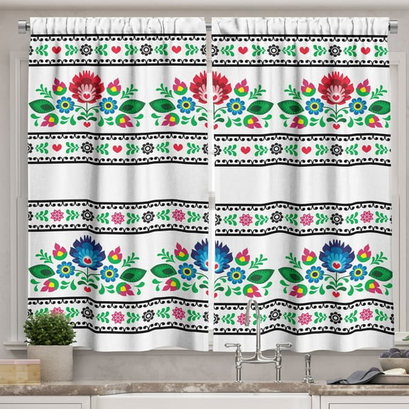 Ambesonne Polish Kitchen Curtains, Folk Pattern with Flowers, 55"x24", Multicolor