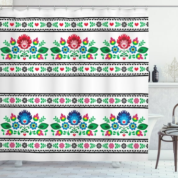 Ambesonne Polish Shower Curtain, Folk Pattern with Flowers, 69"Wx70"L, Multicolor