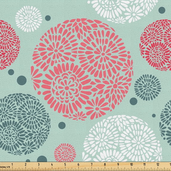 Ambesonne Polka Dot Fabric by the Yard Upholstery, Pastel Floral Circles, 5 Yards, Almond Green Coral and White