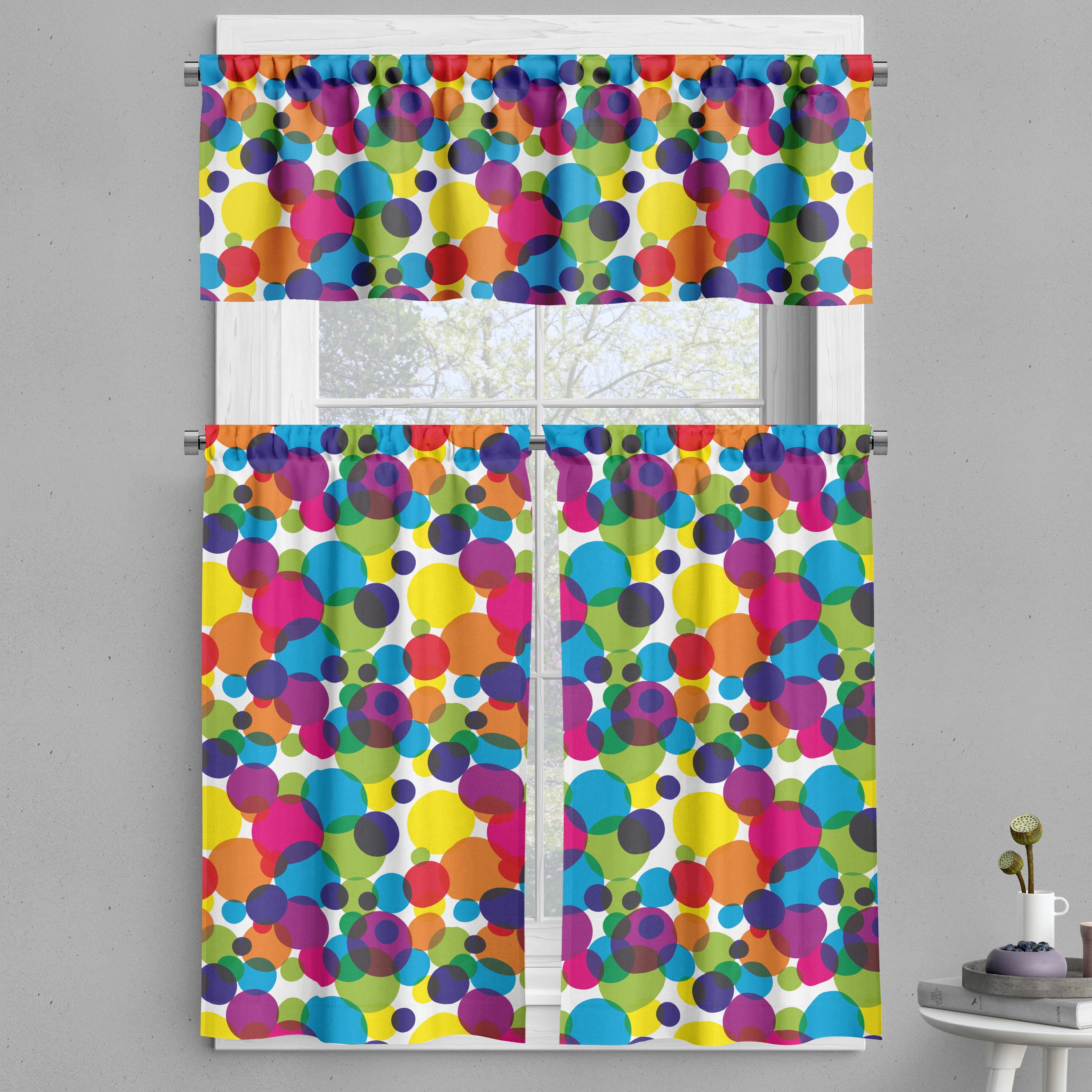 Ambesonne Polka Dot Valance & Curtain, Colorful Circles Plot, 55"x36