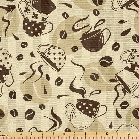 Ambesonne Polka Dots Fabric by the Yard Microfiber, Brown Coffee Cups, 3 Yards, Cream and Brown