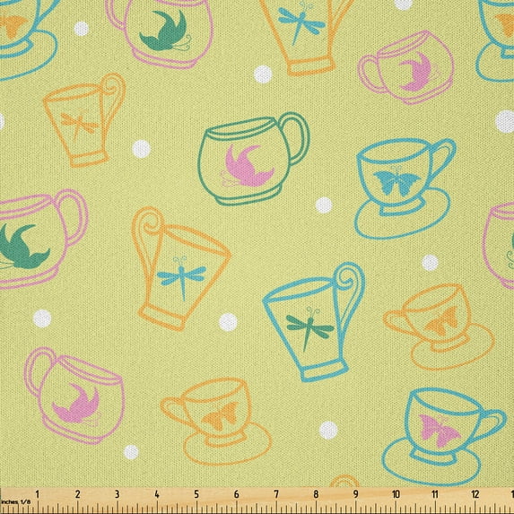 Ambesonne Polka Dots Fabric by the Yard Microfiber, Coffee Cups Butterflies, 3 Yards, Pale Green Soft Pink