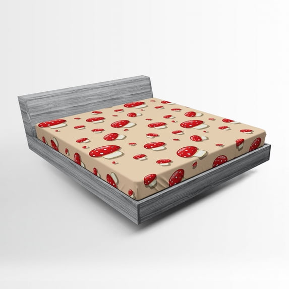 Ambesonne Polka Dots Fitted Sheet, Cartoon Mushrooms, Queen Size, Ivory Red Tan