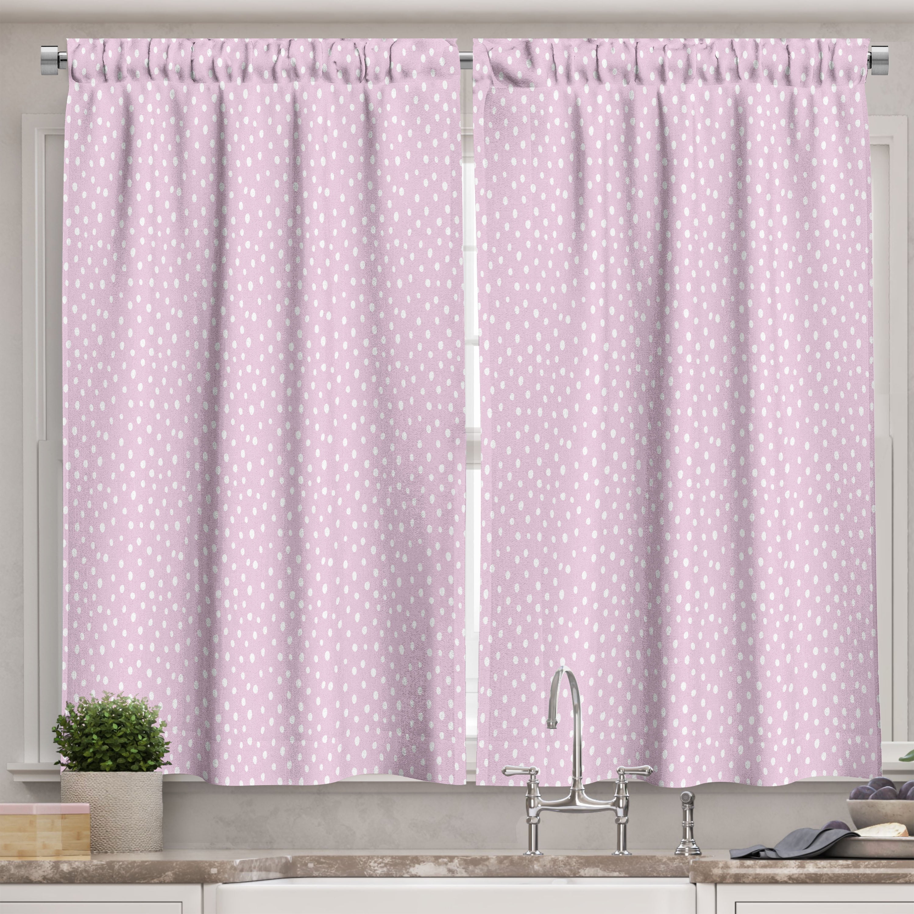 Soft Pink and White Polka Dot Ruffled Kitchen Tier Curtains