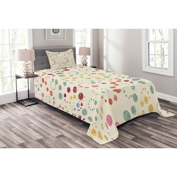 Ambesonne Polka Dots Quilted Bedspread Set 2 Pcs, Retro Colorful Art, Twin Size, Multicolor