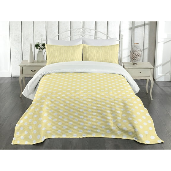 Ambesonne Polka Dots Quilted Bedspread Set 3 Pcs, Nostalgic Pastel, King Size, Yellow White