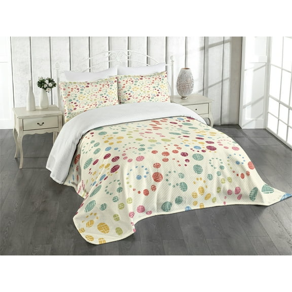 Ambesonne Polka Dots Quilted Bedspread Set 3 Pcs, Retro Colorful Art, Queen Size, Multicolor
