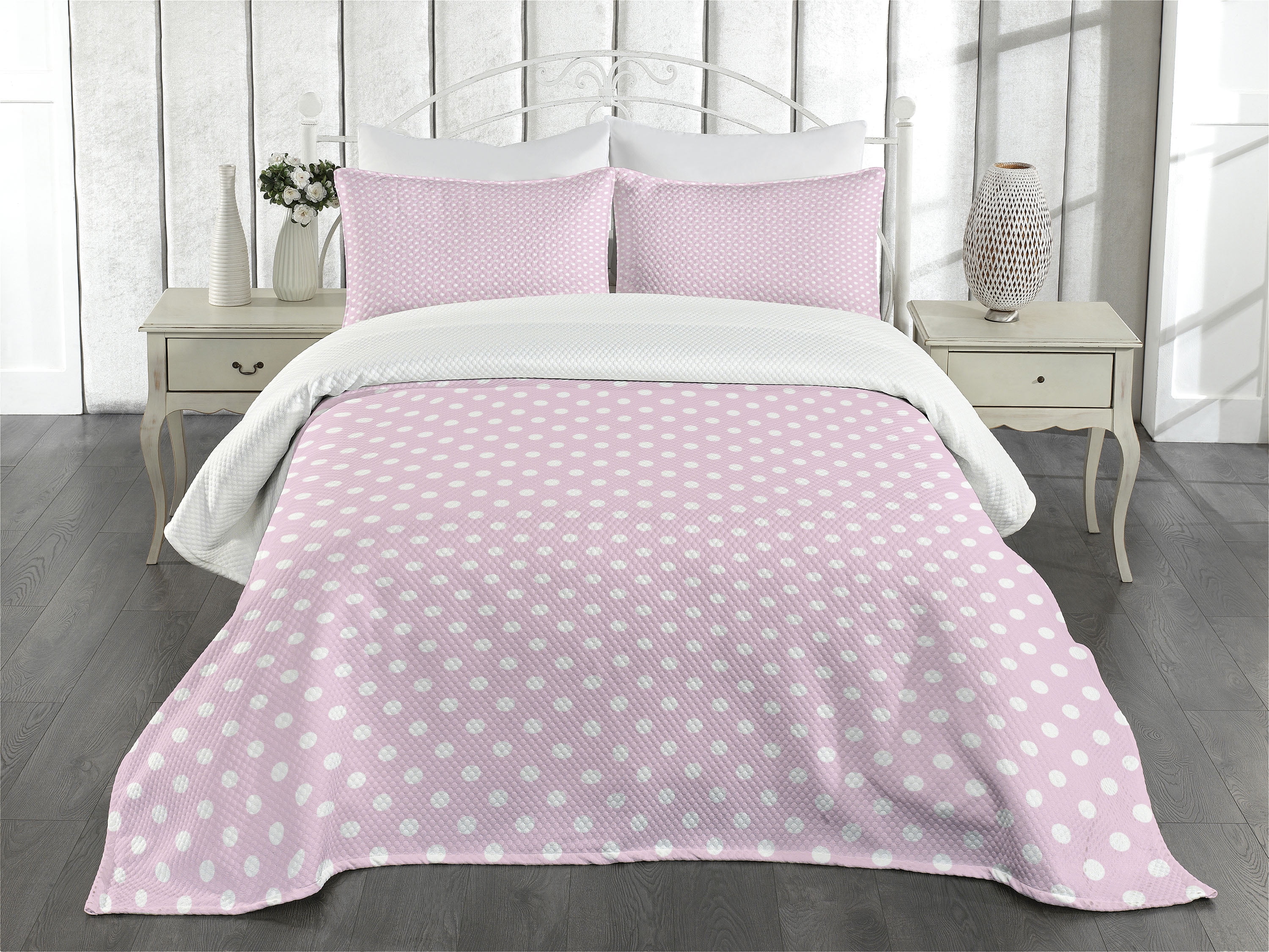 Pink and White Polka Dot Quilted Queen Bedspread Set