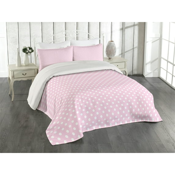 Ambesonne Polka Dots Quilted Coverlet 3 Pcs, Vintage Nursey, Queen Size, White and Pink
