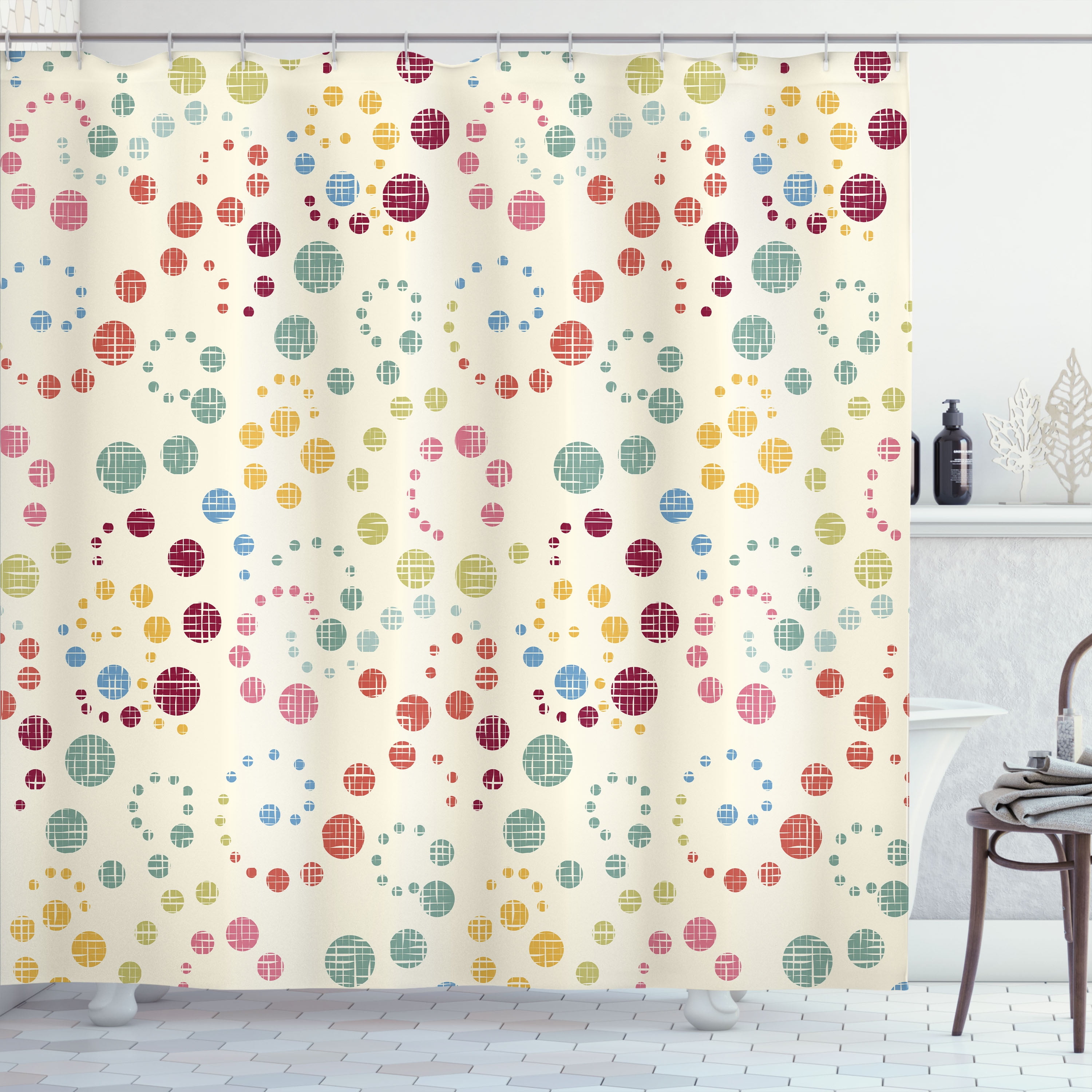 Modern Beige and Black Polka Dot Shower Curtain with Hooks