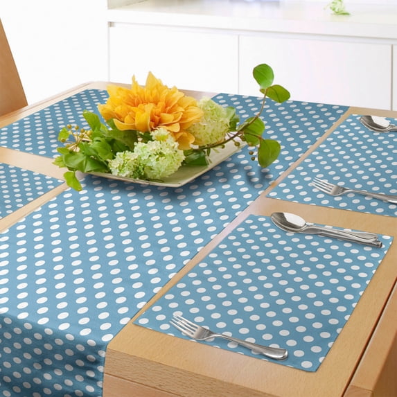 Ambesonne Polka Dots Table Runner & Placemats, Simple Picnic Theme Dots, Placemat 4 pcs + Runner 16"x72", Deep Sky Blue and White