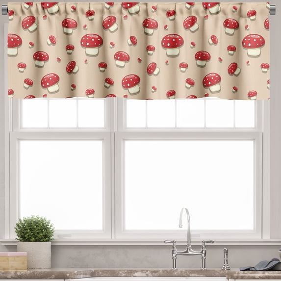 Ambesonne Polka Dots Valance Pack of 2, Cartoon Mushrooms, 54"X18", Ivory Red Tan