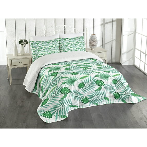 Ambesonne Polynesian Quilted Bedspread Set 3 Pcs, Watercolor Leafage, King Size, Green and Almond Green