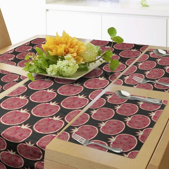 Ambesonne Pomegranate Table Runner & Placemats, Mosaic Fruit, Placemat 4 pcs + Runner 12"x72", Charcoal Grey Dark Coral