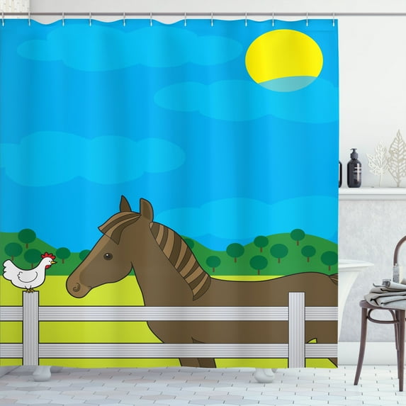 Ambesonne Pony Shower Curtain, Farm Horse and Chicken Cartoon, 69"Wx84"L, Sky Blue Taupe