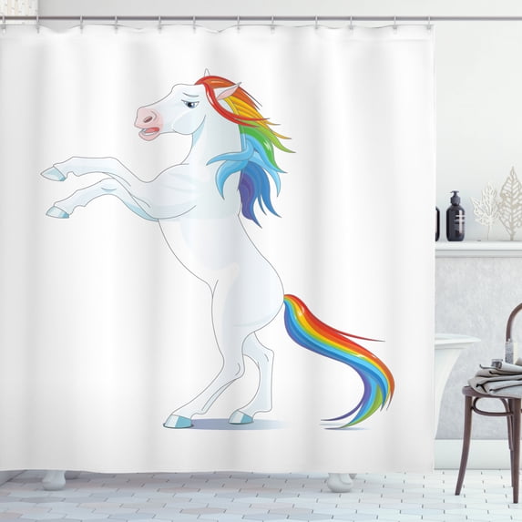 Ambesonne Pony Shower Curtain, Reared up Horse Rainbow Mane, 69"Wx84"L, White and Multicolor