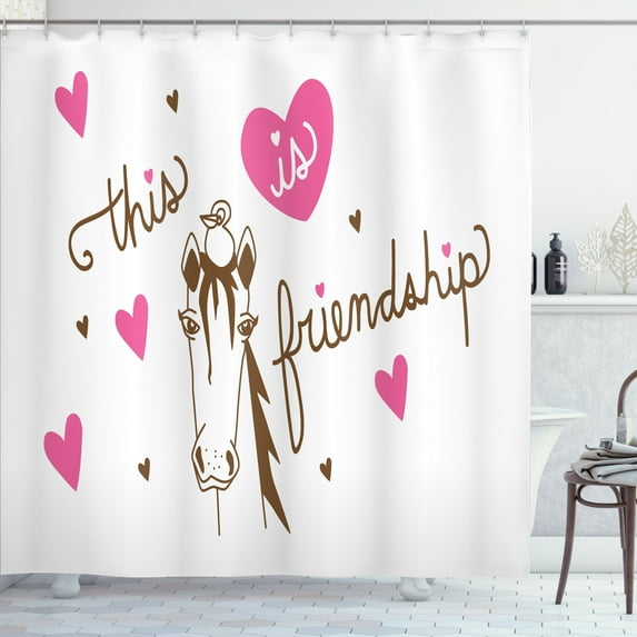 Ambesonne Pony Shower Curtain, This is Friendship Horse Bird, 69"Wx84"L, Pink Umber White