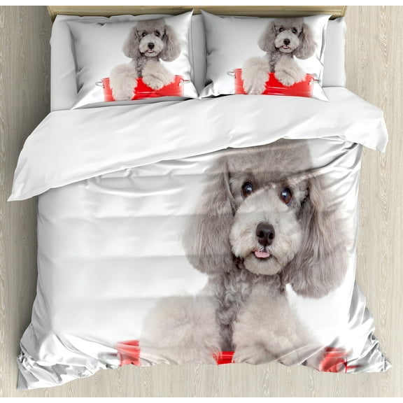 Ambesonne Poodle Duvet Cover Set, Pet in a Bucket Posing, King, Pale Taupe White