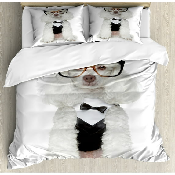 Ambesonne Poodle Duvet Cover Sets, Groomed Doggie in Tuxedo, 2-King, White Dark Grey Coconut