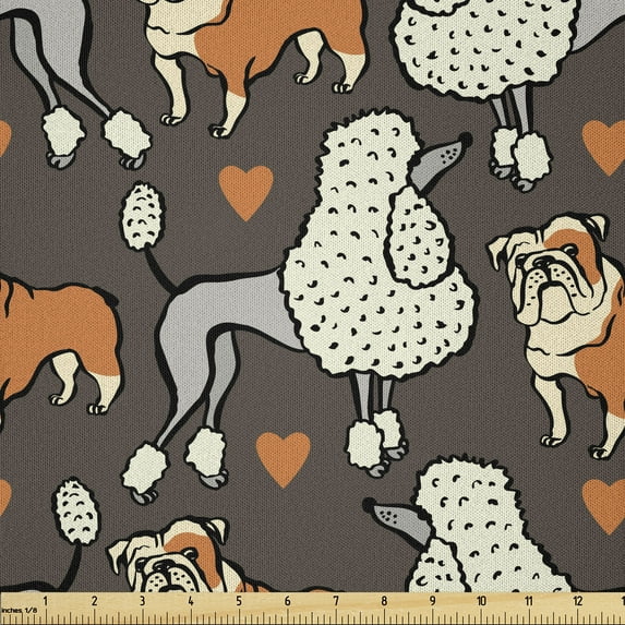 Ambesonne Poodle Fabric by the Yard Microfiber, Doodle Bulldog and Hearts, 3 Yards, Cocoa Multicolor