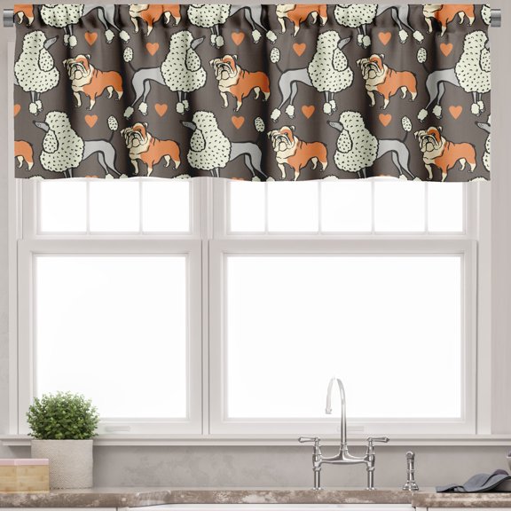 Ambesonne Poodle Valance Pack of 2, Doodle Bulldog and Hearts, 54"X18", Cocoa Multicolor