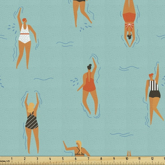 Ambesonne Pool Party Fabric by the Yard Upholstery, Swimming Women Swimsuit, 5 Yards, Seafoam Multicolor