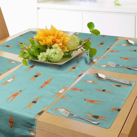 Ambesonne Pool Party Table Runner & Placemats, Swimming Women Swimsuit, Placemat 4 pcs + Runner 16"x72", Seafoam Multicolor