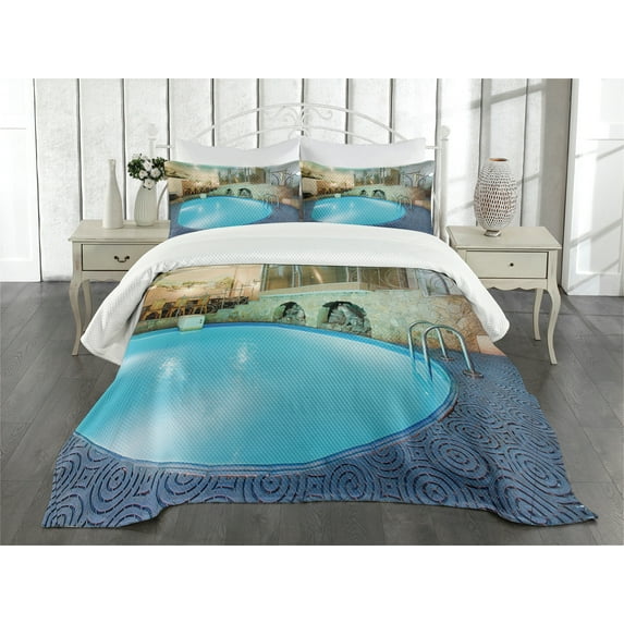Ambesonne Pool Quilted Bedspread Set 3 Pcs, Spa Resort Relaxing, King Size, Blue Aqua Beige
