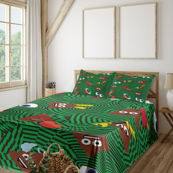 Ambesonne Poop Emoji Fitted & Top Sheet Set with Sham, Pile of Poo on Waves, Fern Green Pale Redwood