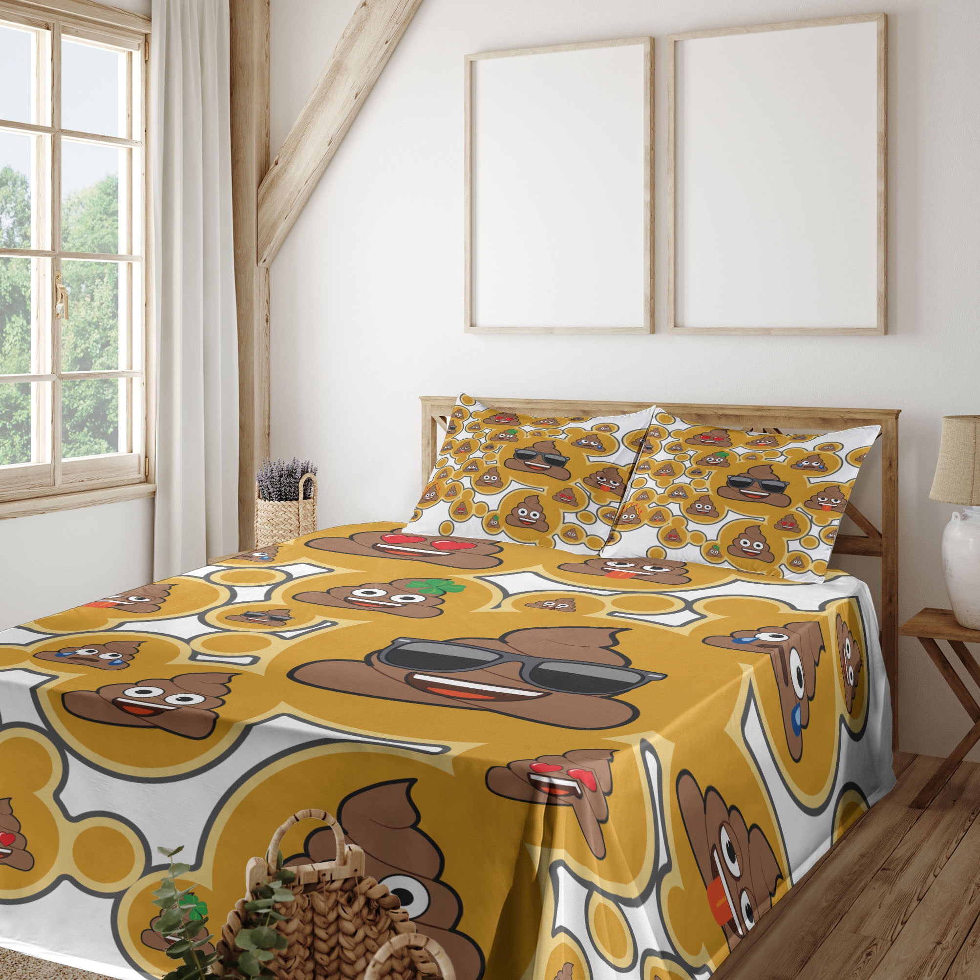 Ambesonne Poop Emoji Fitted & Top Sheet Set with Shams, Funny Abstract ...