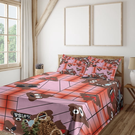 Ambesonne Poop Emoji Fitted & Top Sheet Set with Shams, Funny Poo 90s Disco Art, Pale Pink Pale Chocolate
