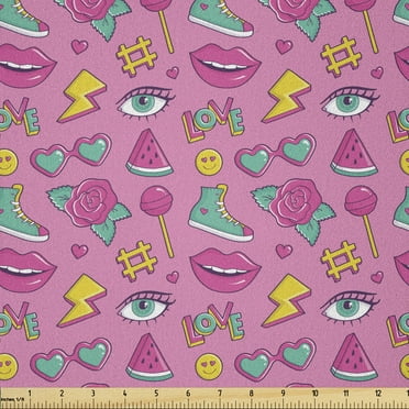 Ambesonne Pop Art Fabric by the Yard Microfiber, Vintage Design Pattern Art, 3 Yards, Pink Sea Green and Yellow