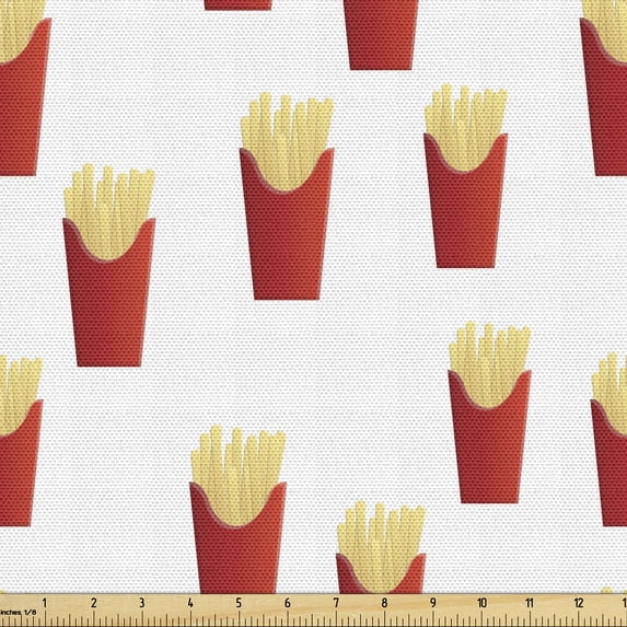 Ambesonne Pop Art Fabric by the Yard Upholstery, French Fries Illustrations, 5 Yards, Paprika Pale Mustard
