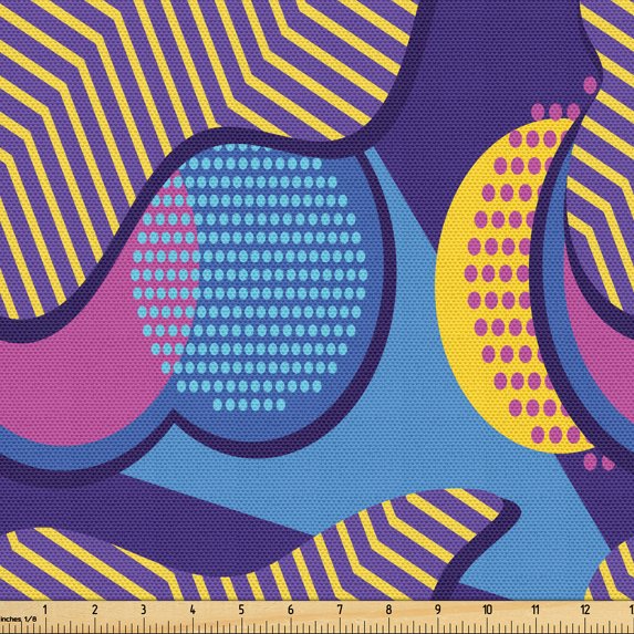Ambesonne Pop Art Fabric by the Yard Upholstery, Memphis Geometric Ornament, 2 Yards, Indigo Yellow Purple