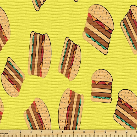 Ambesonne Pop Art Fabric by the Yard Upholstery, Repetitive Burgers Cartoon, 1 Yard, Mustard Cinnamon and Green