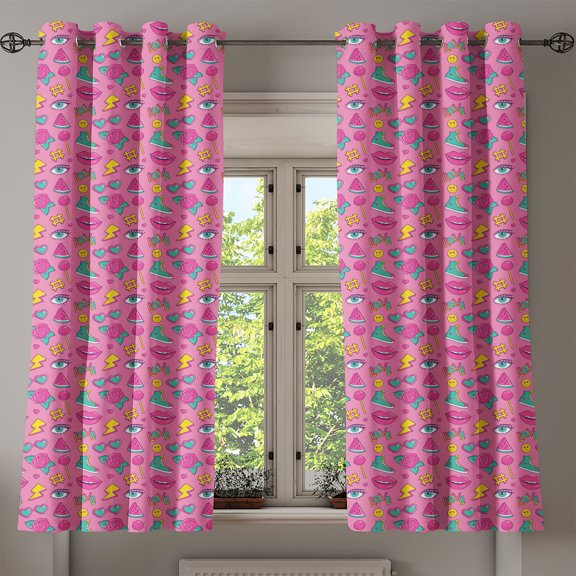 Ambesonne Pop Art Grommet Curtain, Vintage Design Pattern Art, 50" x 54", Pink Sea Green and Yellow