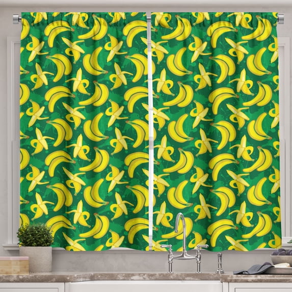 Ambesonne Pop Art Kitchen Curtains, Repetitive Banana Pattern, 55"x24", Jade Green Yellow and Amber