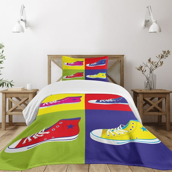 Ambesonne Pop Art Quilted Bedspread Set 2 Pcs, Retro Sport Shoes Print, Twin Size, Multicolor