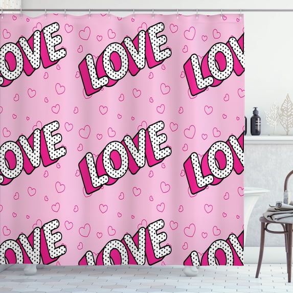 Ambesonne Pop Art Shower Curtain, Love with Polka Dots Hearts, 69"Wx70"L, Pale Pink Hot Pink