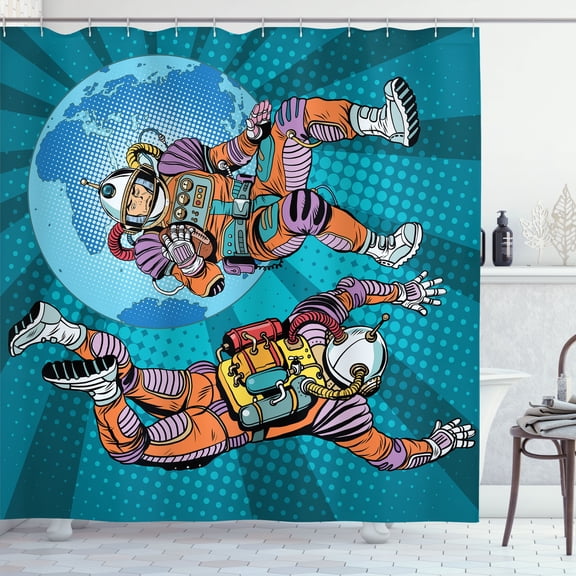 Ambesonne Pop Art Shower Curtain, Retro Astronauts Floating, 69"Wx70"L, Petrol Blue Lilac Orange