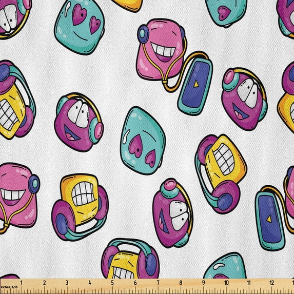 Ambesonne Pop Culture Fabric by the Yard Microfiber, Cartoon Listening Music, 2 Yards, Pink Turquoise and Blue