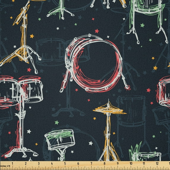 Ambesonne Pop Culture Fabric by the Yard Microfiber, Drum Kit with Stars, 10 Yards, Dark Coral Sea Green and Grey