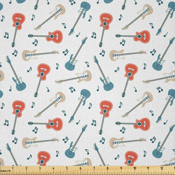 Ambesonne Pop Culture Fabric by the Yard Microfiber, Guitars and Music Notes, 1 Yard, Cadet Blue Salmon White