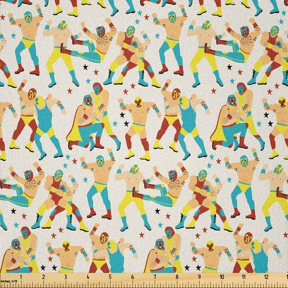 Ambesonne Pop Culture Fabric by the Yard Microfiber, Lucha Libre Wrestlers, 10 Yards, Yellow Paprika Seafoam