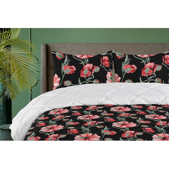 Ambesonne Poppy Artwork Down Alternative Quilt Comforter, Flowers Aquarelle Art, Queen, Dark Coral Reseda Green