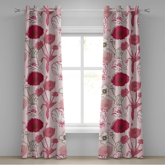 Ambesonne Poppy Artwork Grommet Curtain, Simple Flowers Modern, 50"x84", Raspberry Pale Pink White