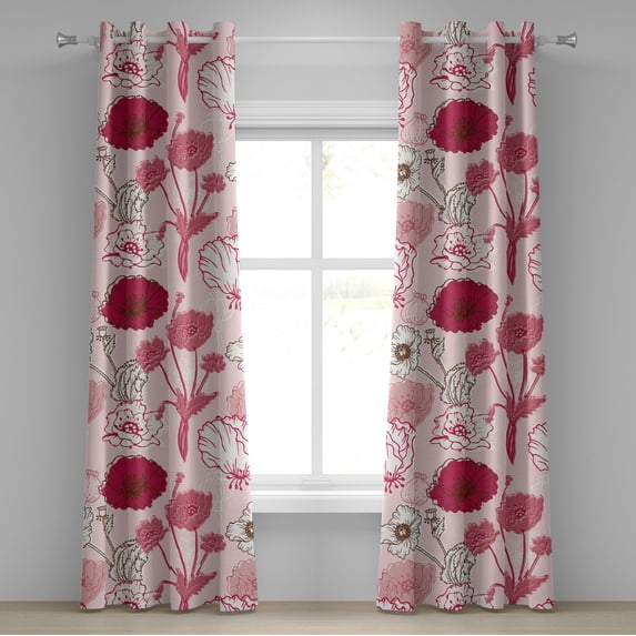 Ambesonne Poppy Artwork Grommet Curtain, Simple Flowers Modern, 50"x84", Raspberry Pale Pink White